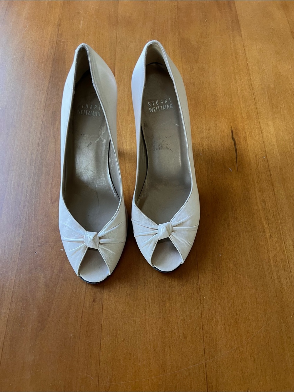 Stuart Weitzman Cream Peep-Toe Knot Heels